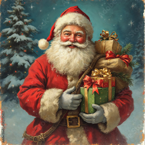 Vintage Painted Christmas Post Card with Happy Traditional Santa Claus Holding Bag of Gifts, XMAS Greeting