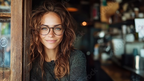 A stylish woman with glasses and curly hair smiling warmly, captured in a cozy café setting, embodying warmth, charm, and a modern urban lifestyle.