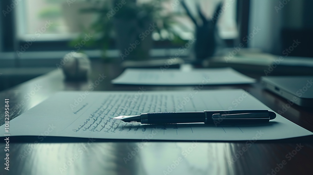 A close-up view of a pen resting on handwritten papers on a desk, suggesting work or study. A close-up view of a pen resting on handwritten papers on a desk, suggesting work or study.