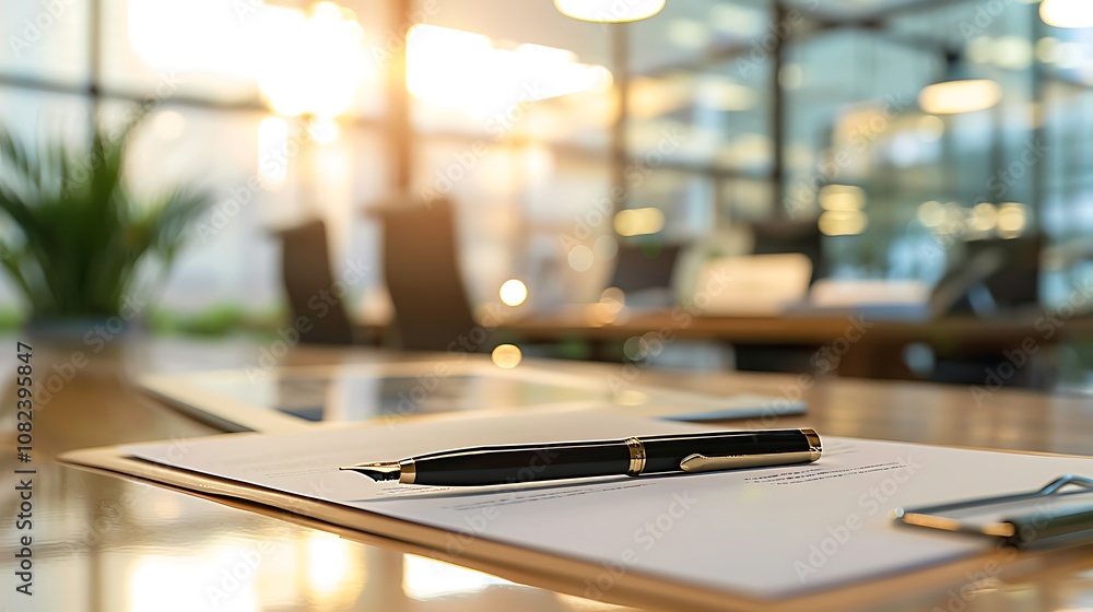 A sleek pen rests on a document in a modern office setting, illuminated by natural light. A sleek pen rests on a document in a modern office setting, illuminated by natural light.