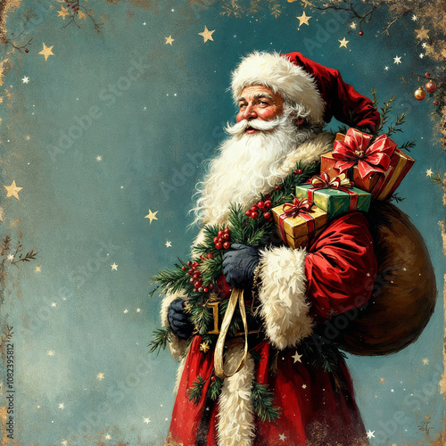 Vintage Painted Christmas Post Card with Happy Traditional Santa Claus Holding Bag of Gifts, XMAS Greeting