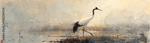 Red-Crested Crane in Misty Landscape photo