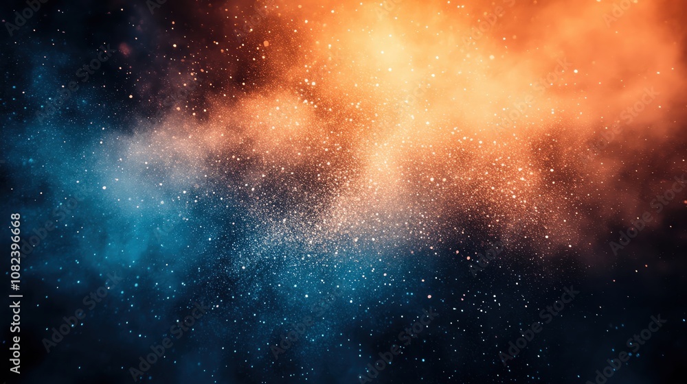 Obraz premium Abstract hot cold cosmic cloud of orange and blue particles in gradient background.
