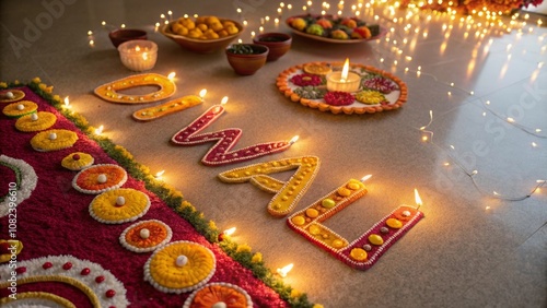 Diwali celebration with vibrant decorations and illuminated symbols photo