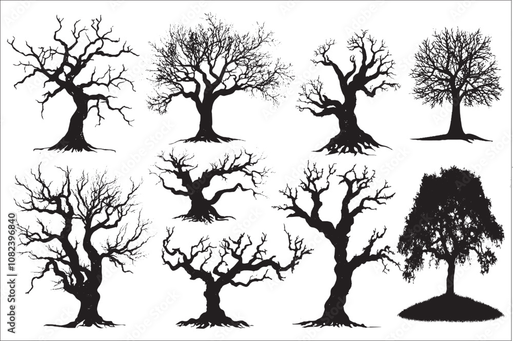 Set of black silhouette illustration of tree Set of black silhouette illustration of tree