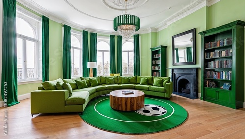 a brightly lit living room with a green couch and a green rug, perfect maximalistic composition, lush and green, dense with greenery, maximalism. stunning, living room vibe, high ceilings, fancy libra photo