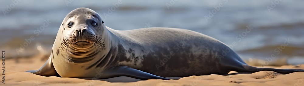 Fototapeta premium Seal on Sandy Beach with Ocean in Background