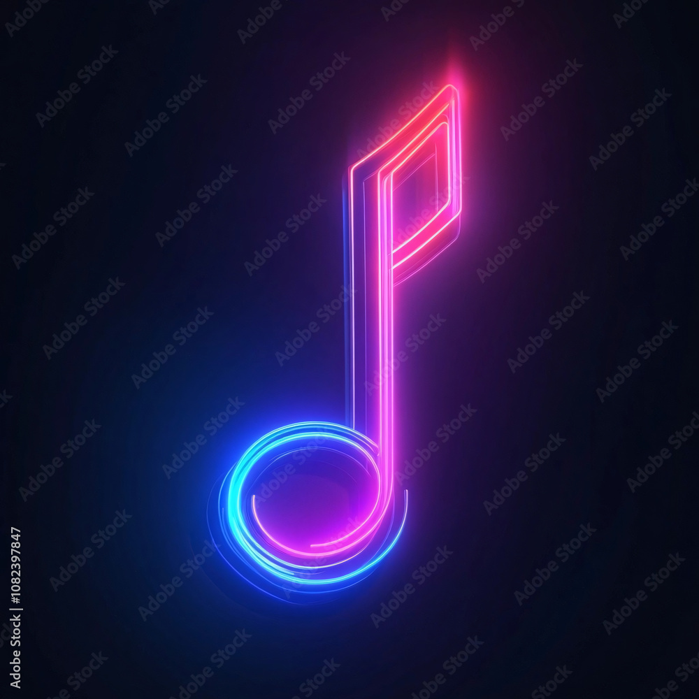 A glowing neon music note in vibrant pink and blue hues against a dark background, creating a modern, electric vibe A glowing neon music note in vibrant pink and blue hues against a dark background, creating a modern, electric vibe