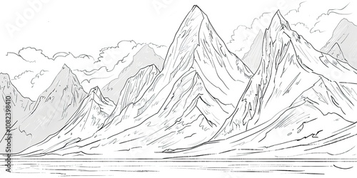 Drawing of a serene mountain landscape sea sand with trees