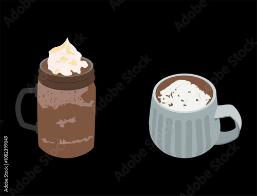 iced chocolate shake with bubbles and hot chocolate with added vanilla cream and coffee. happy, relaxed. black background