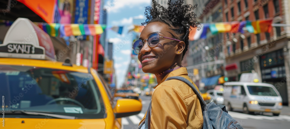 Celebration of Diversity in Urban Life: Non-Binary Individual Hailing a Taxi on a Vibrant City Street Celebration of Diversity in Urban Life: Non-Binary Individual Hailing a Taxi on a Vibrant City Street