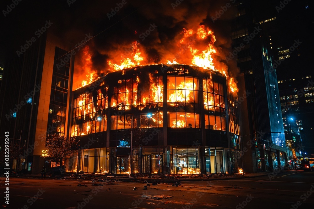 Obraz premium Flames consuming a modern corporate office, glass windows shattered, fiery glow in a nighttime urban environment, wide angle showcasing the chaos of the scene 4
