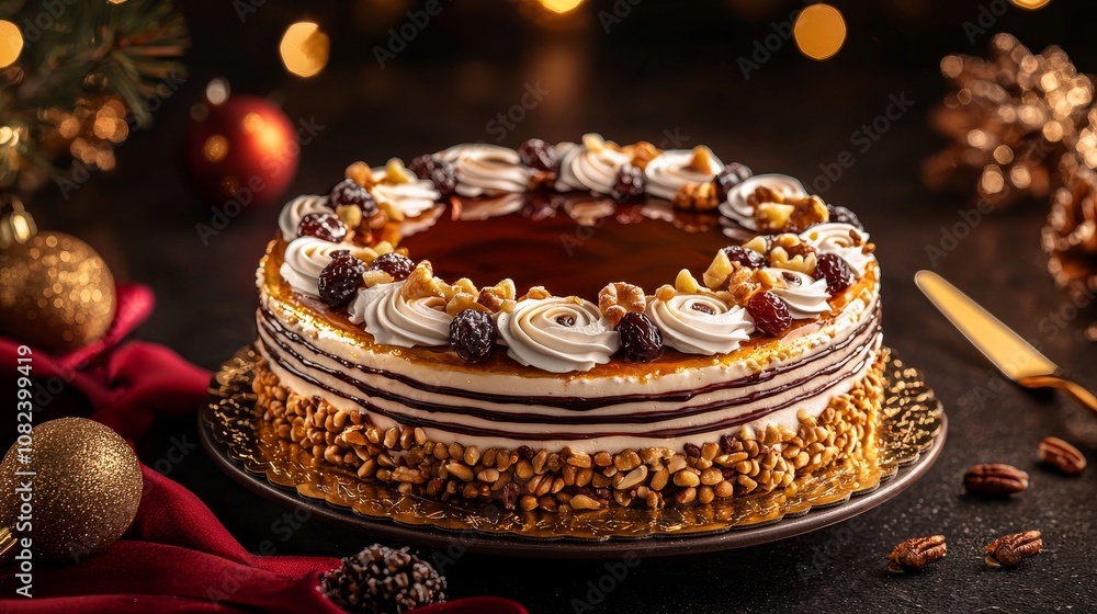 Regal Three Kings cake, polished finish, garnished with nuts, raisins, and colorful candies, set against red cloth and delicate holiday decorations Regal Three Kings cake, polished finish, garnished with nuts, raisins, and colorful candies, set against red cloth and delicate holiday decorations