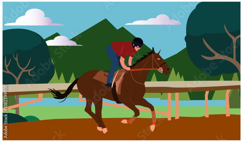 riding a racehorse. Horse riding, training for a racehorse in a mountainous countryside area. Horse racing, equestrian sport. Flat illustration isolated on white background