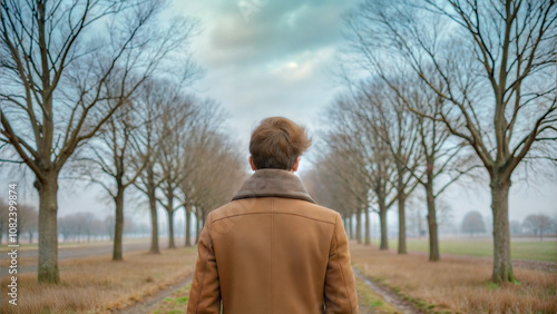 Man standing alone in scenic park with bare trees on cloudy winter day