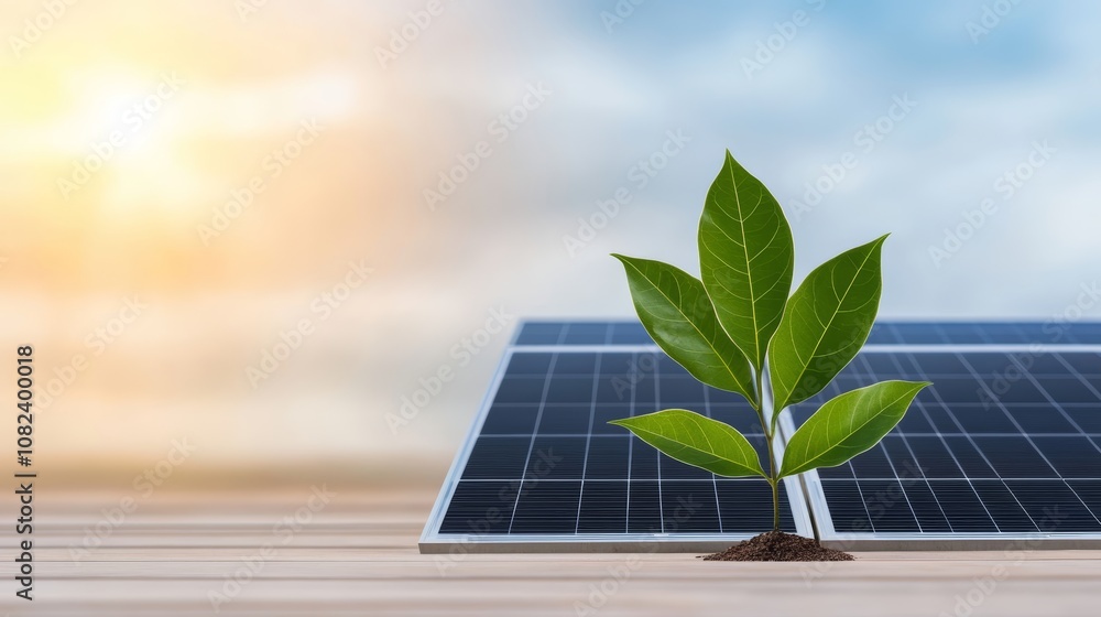 Fototapeta premium Sustainable synergy, green plant flourishing on a solar panel, embracing renewable energy and environmental conservation
