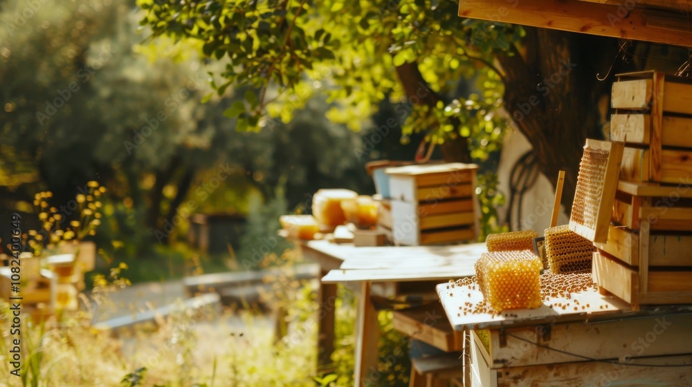 A serene beekeeping farm with hives and beekeeping tools, Honeycombs carefully tended, Agricultural rustic style A serene beekeeping farm with hives and beekeeping tools, Honeycombs carefully tended, Agricultural rustic style