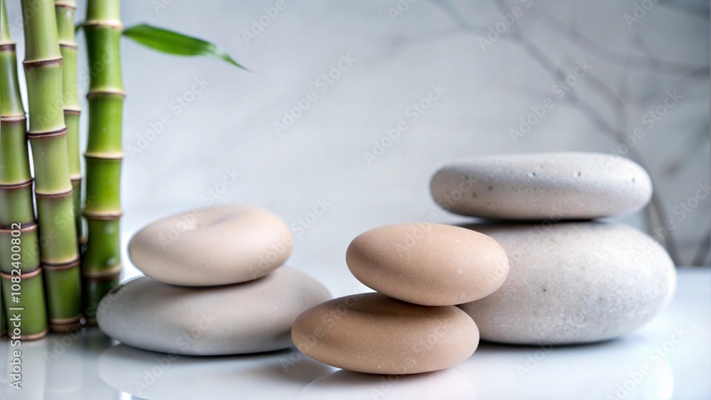 Zen stones and green bamboo setup creating a relaxing atmosphere for mindfulness and wellness Zen stones and green bamboo setup creating a relaxing atmosphere for mindfulness and wellness