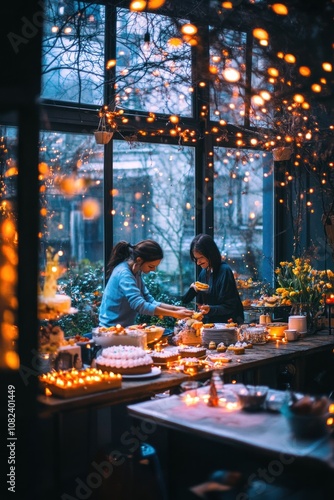 Two women preparing food in a beautifully decorated space filled with lights.