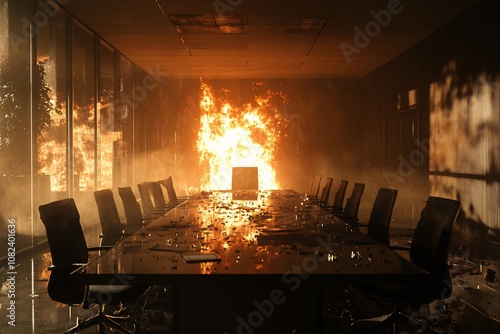 An empty conference room engulfed in flames, shattered glass, flickering shadows on the walls, eerie silence, warm light from fire illuminating the darkness 4 photo