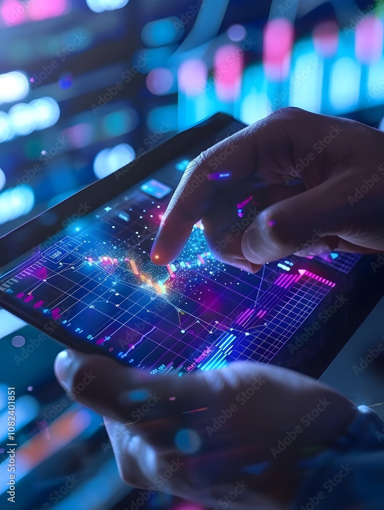 A person interacts with a digital tablet displaying colorful data visualizations and graphs. A person interacts with a digital tablet displaying colorful data visualizations and graphs.