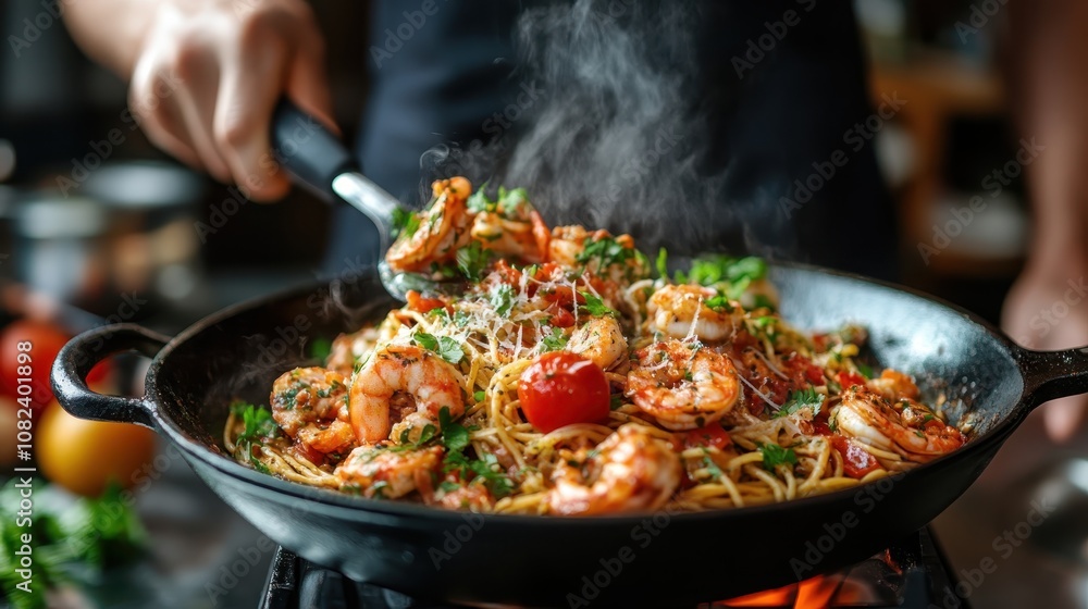 A chef is preparing a sizzling shrimp pasta in a large pan, filled with fresh herbs, cherry tomatoes, and a savory sauce, offering a mouth-watering culinary scene. A chef is preparing a sizzling shrimp pasta in a large pan, filled with fresh herbs, cherry tomatoes, and a savory sauce, offering a mouth-watering culinary scene.
