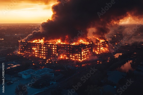 An aerial view of a burning office complex, flames engulfing multiple floors, dark smoke billowing into the sky, late afternoon light, showcasing the scale of disaster 1