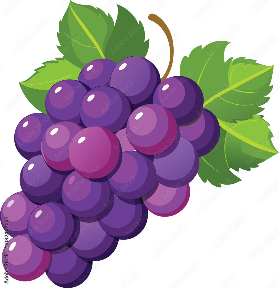 A flat design style of a bunch of grapes with a green leaf. A flat design style of a bunch of grapes with a green leaf.