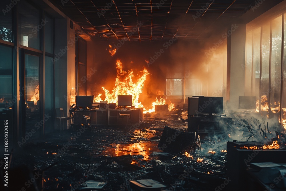 A view from inside a burning office, flames licking walls, thick smoke clouding the air, contrasting with the bright fire, close-up on charred debris 4 A view from inside a burning office, flames licking walls, thick smoke clouding the air, contrasting with the bright fire, close-up on charred debris 4