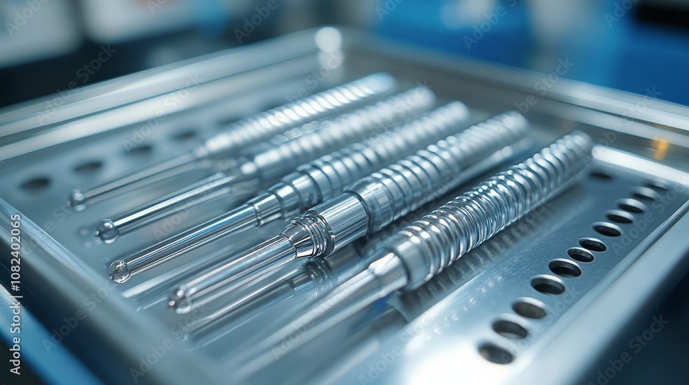 Close-up of surgical jaw implants on a sterile tray in a medical facility Close-up of surgical jaw implants on a sterile tray in a medical facility