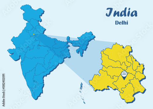 Delhi locator map showing District and its capital. Political map of Indian Delhi state with districts. Delhi District vector map illustration. Delhi state political outline. Capital of India map