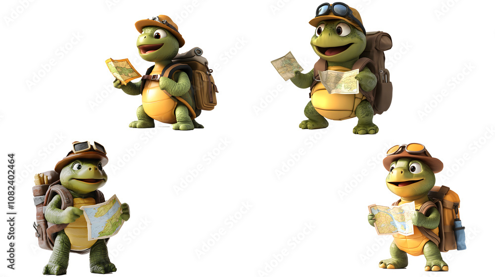 Fototapeta premium Cartoon turtle with a tiny backpack and explorer hat, holding a small map with transparent background, PNG file