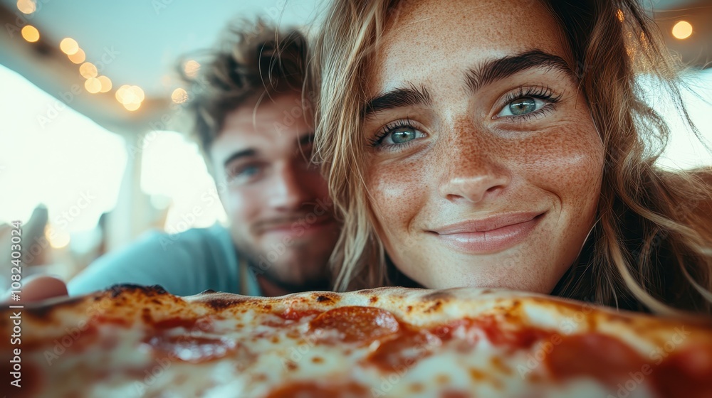 Cheerful young couple with freckles enjoying a fresh pepperoni pizza together, showcasing happiness and togetherness in a bright and inviting setting. Cheerful young couple with freckles enjoying a fresh pepperoni pizza together, showcasing happiness and togetherness in a bright and inviting setting.