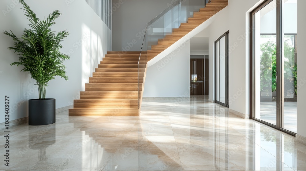 A sunlit hallway featuring a sleek wooden staircase with glass railing, polished floor, large windows, and a potted plant creating a modern, clean ambience. A sunlit hallway featuring a sleek wooden staircase with glass railing, polished floor, large windows, and a potted plant creating a modern, clean ambience.