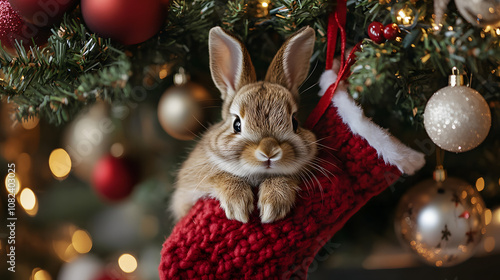 Kaninchen in Weihnachtssocke am Kamin