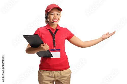 Filipina woman customer service operator with hands free device