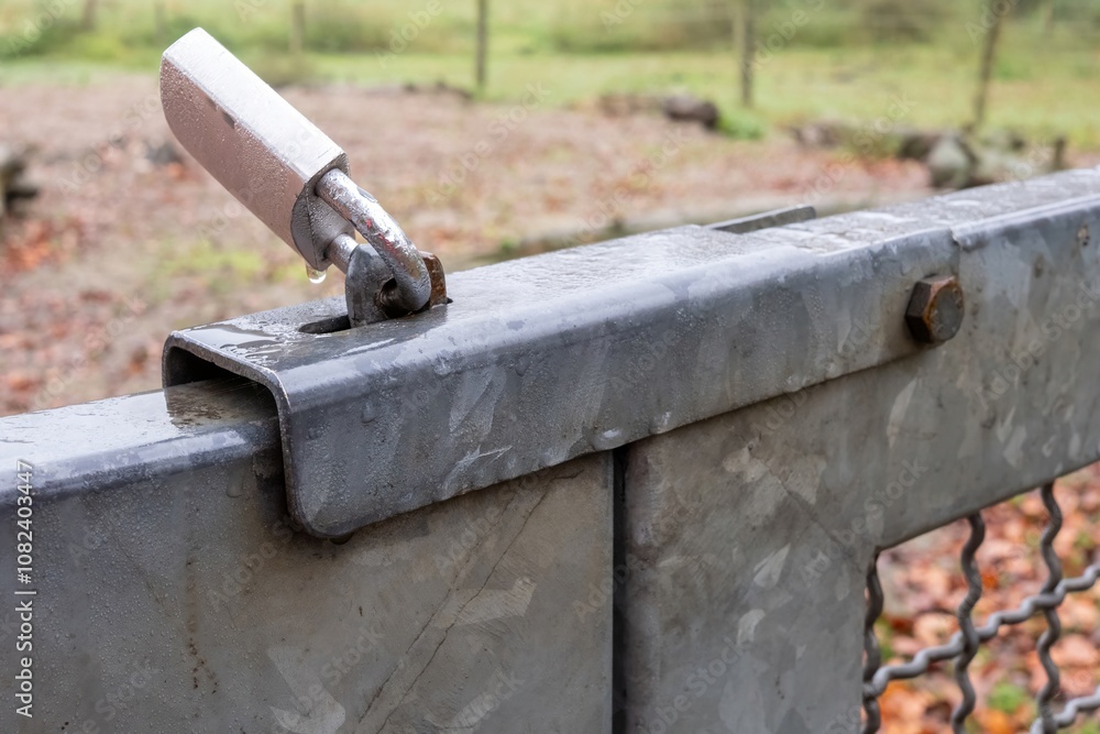 Secure metal gate closed with padlock in wet rural area Secure metal gate closed with padlock in wet rural area