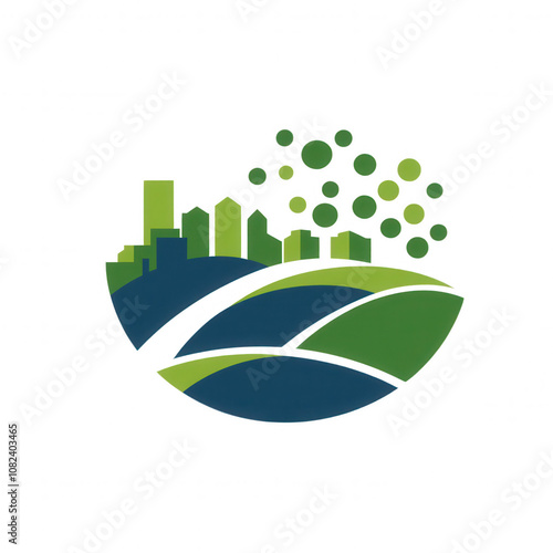 Stylized Farm Logo with Urban Touch Featuring Rainbow Arc & Body of Water