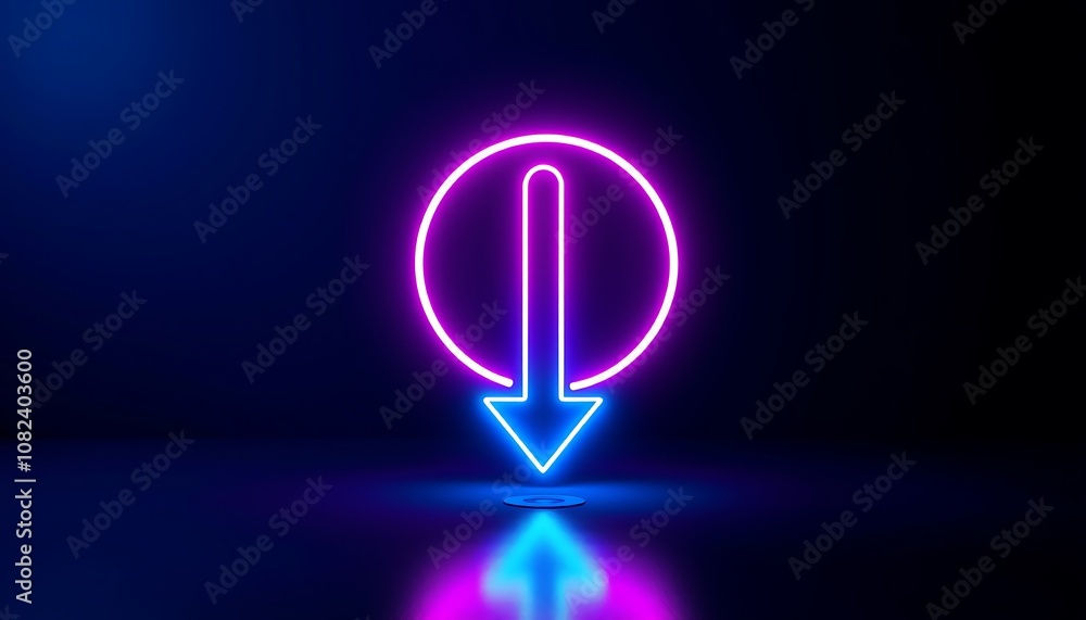 Glowing Neon Arrow Pointing Down in a Circular Frame with Reflective Surface Glowing Neon Arrow Pointing Down in a Circular Frame with Reflective Surface