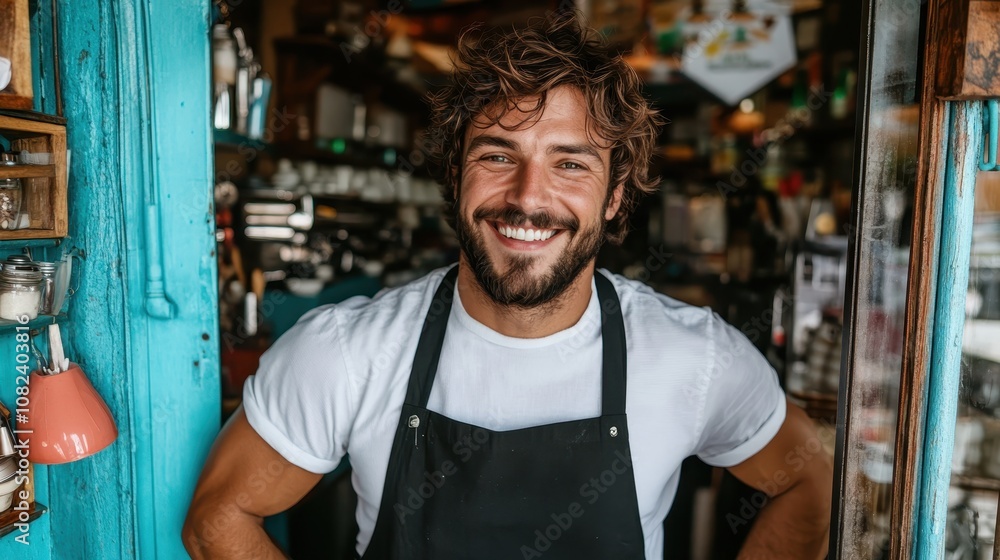 A young male barista with a broad smile leans out the vibrant café entrance, wearing a black apron over a white shirt, welcoming customers warmly. A young male barista with a broad smile leans out the vibrant café entrance, wearing a black apron over a white shirt, welcoming customers warmly.