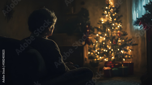Wallpaper Mural Ältere Person sitzt allein vor einem beleuchteten Weihnachtsbaum Torontodigital.ca