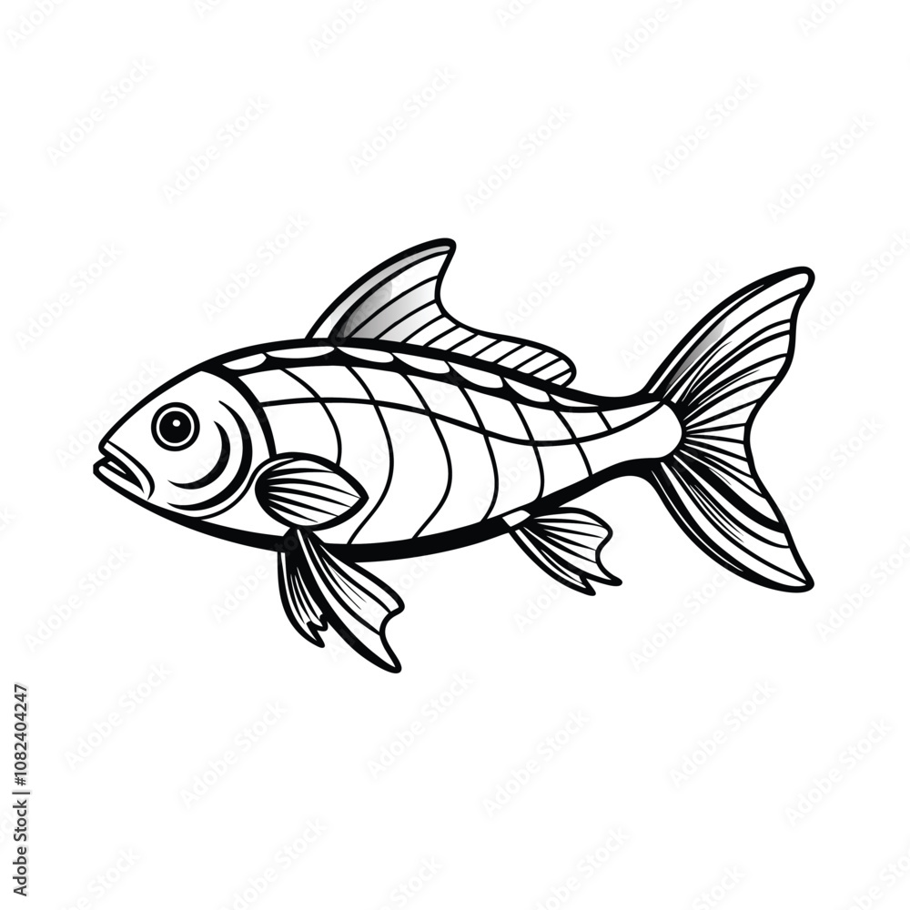 rui, rohu fish vector design, labeled line art and linocut silhouette illustration. rui, rohu fish vector design, labeled line art and linocut silhouette illustration.