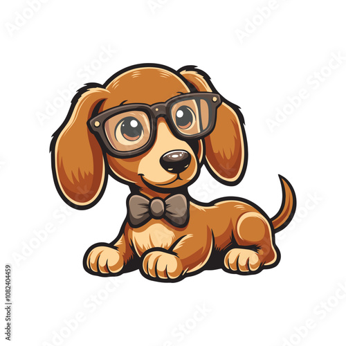 Cute Adorable Dog Mascot with Glasses and Bow Tie Vector Illustration