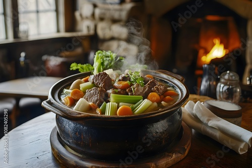 A soup tureen filled with hearty pot-au-feu, tender beef, and vibrant vegetables, set on a wooden table in a cozy, rustic French tavern photo