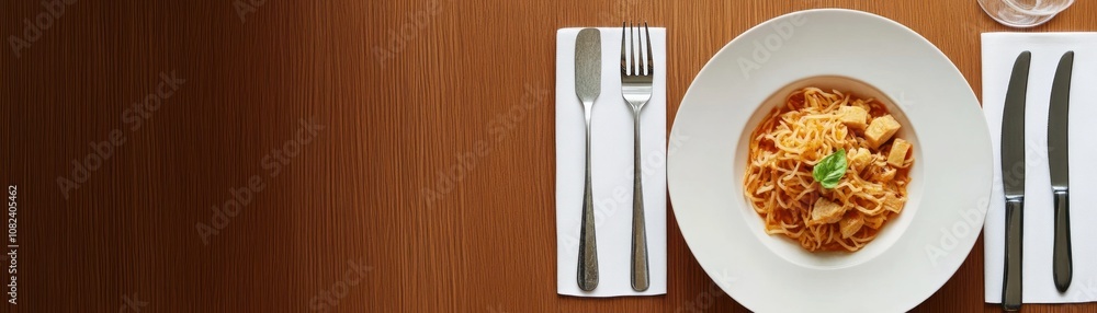A plate of pasta served elegantly on a wooden table, accompanied by cutlery. A plate of pasta served elegantly on a wooden table, accompanied by cutlery.