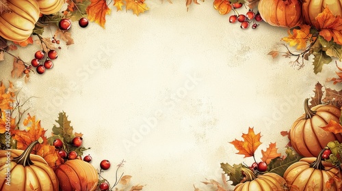 Thanksgiving frame with pumpkins, cranberry sprigs, and autumn leaves on beige background