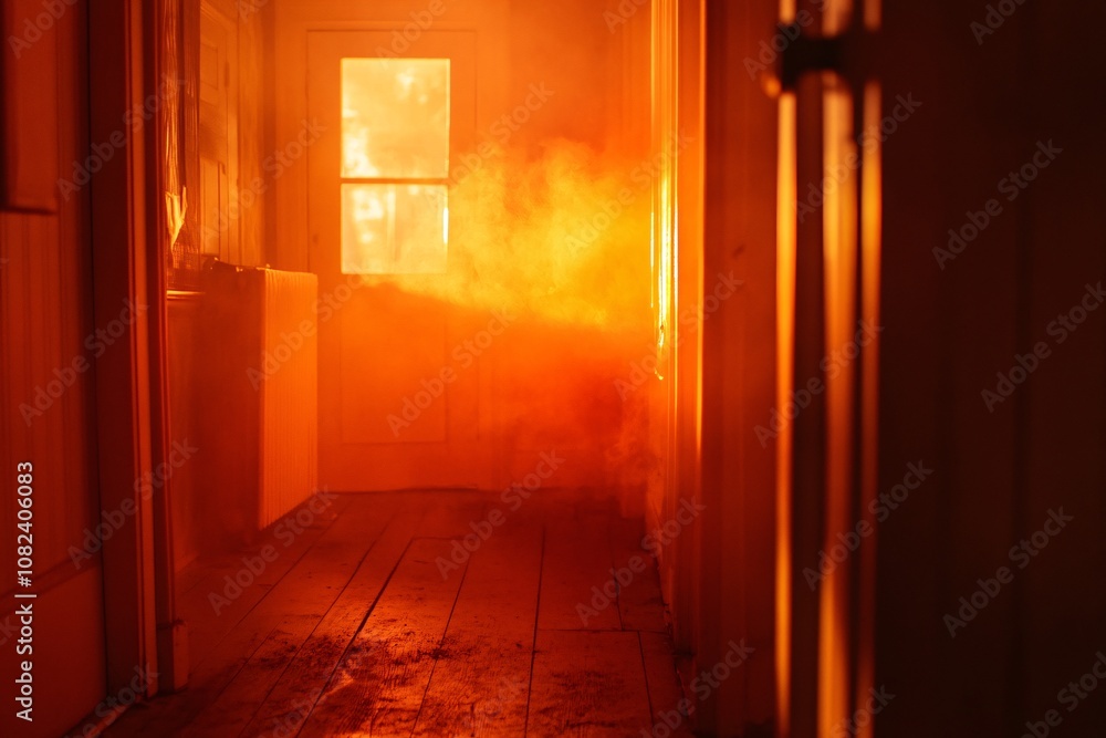 Rustic entry hallway of a countryside house, flames and smoke filling space, warm orange and red glow, mid-afternoon light, close-up angle 2 Rustic entry hallway of a countryside house, flames and smoke filling space, warm orange and red glow, mid-afternoon light, close-up angle 2