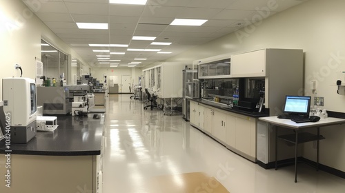 Modern Laboratory Interior with High-Tech Equipment and Clean Workspace, Featuring Workstations, Computers, and Scientific Instruments for Research Purposes