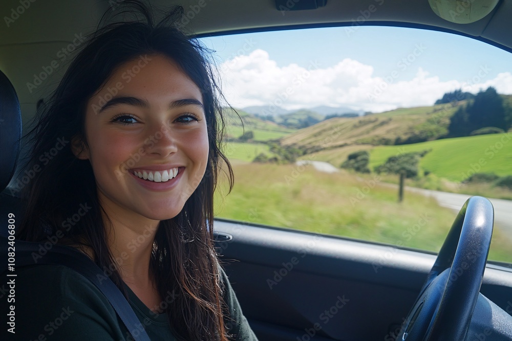 Medium-close of a young woman with dark hair smiling, driving a car down a scenic road through the countryside, lush green fields and rolling hills under a clear blue sky 1 Medium-close of a young woman with dark hair smiling, driving a car down a scenic road through the countryside, lush green fields and rolling hills under a clear blue sky 1