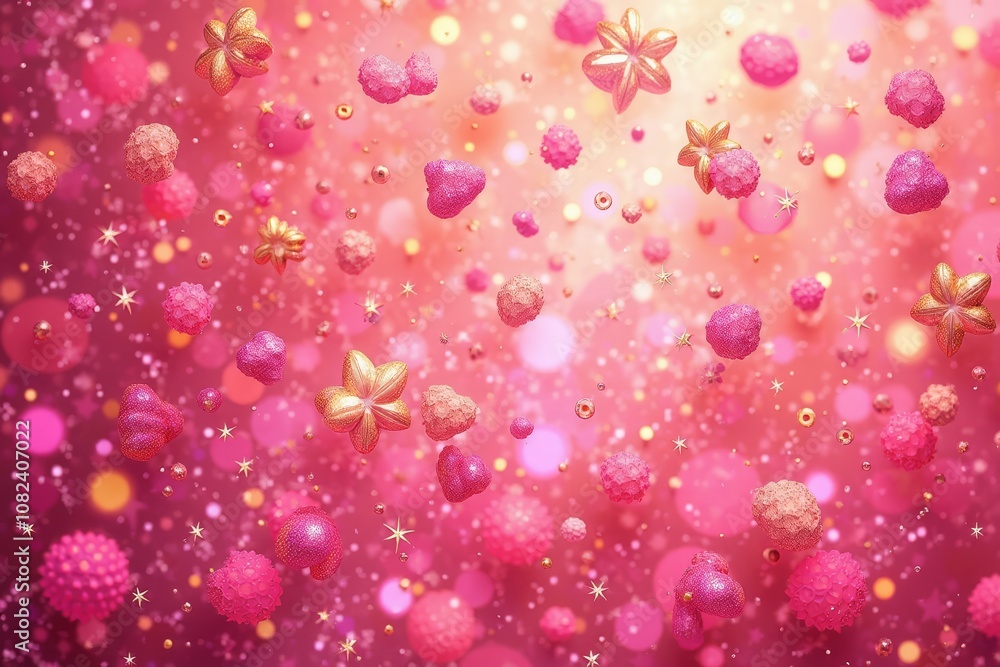 Glittery pink hearts and stars floating in magical background Glittery pink hearts and stars floating in magical background
